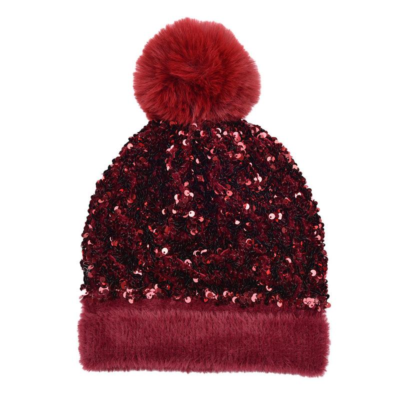 Gestrickte Beanie-Mütze mit Pailletten und großem Kunstfell-Pompon für Damen, Wintermütze