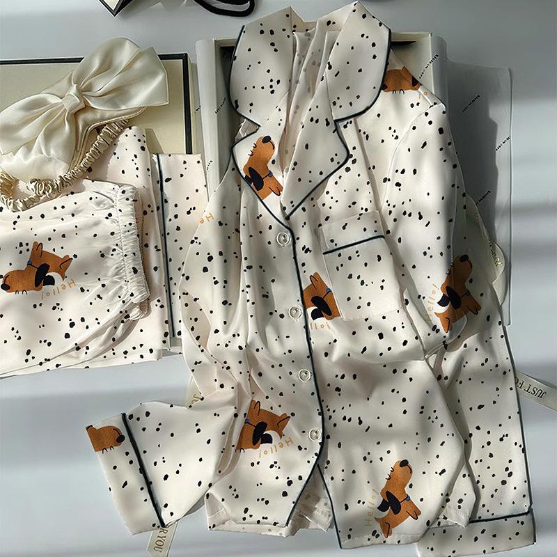 Ice Silk Thin Style Women'S Long-Sleeved Pajamas Spring And Autumn Cartoon Brown Puppy Polka Dot Print Loungewear