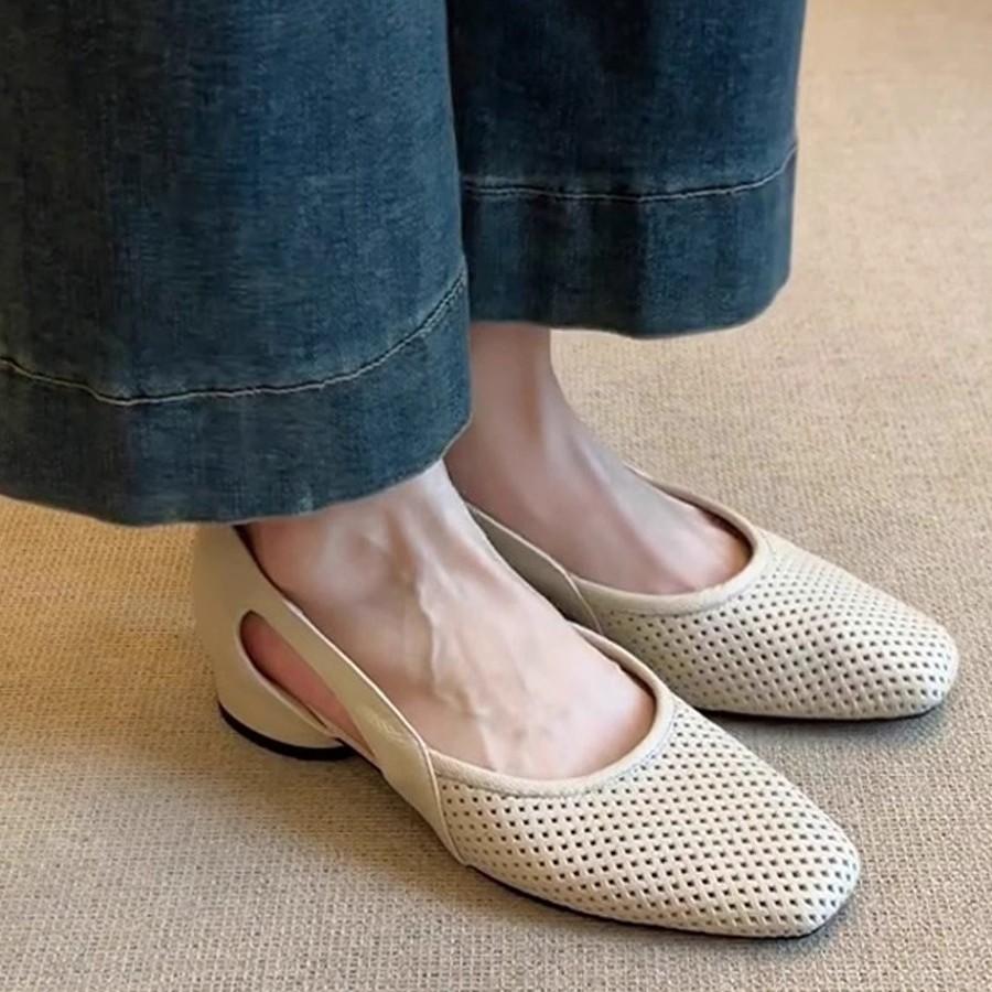 Soft leather version~ French cool single shoes women's square head hollow hole shoes retro shallow mouth hollow breathable Mary Jane shoes