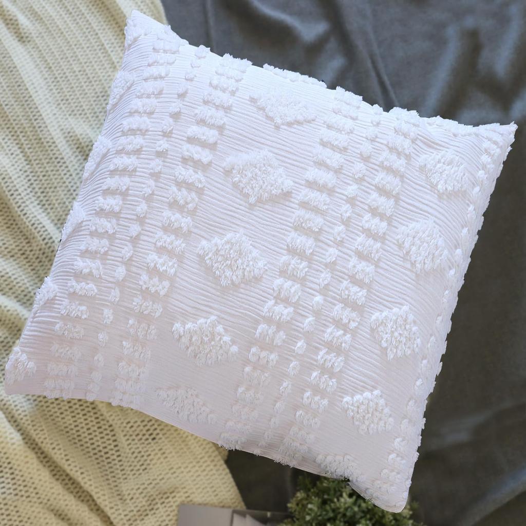 White Euro Sham Covers Shabby Chic Boho Tufted 26x26 Set of 2 Euro Pillow Covers Poms Diamonds Moroccan Embroidery Decorative European Large Pillow