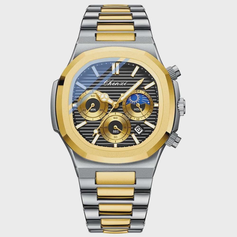 Men's Multifunction Quartz Watch Chronograph Luminous Water-Resistant Luxury Golden Steel Bracelet Men Moonswatch