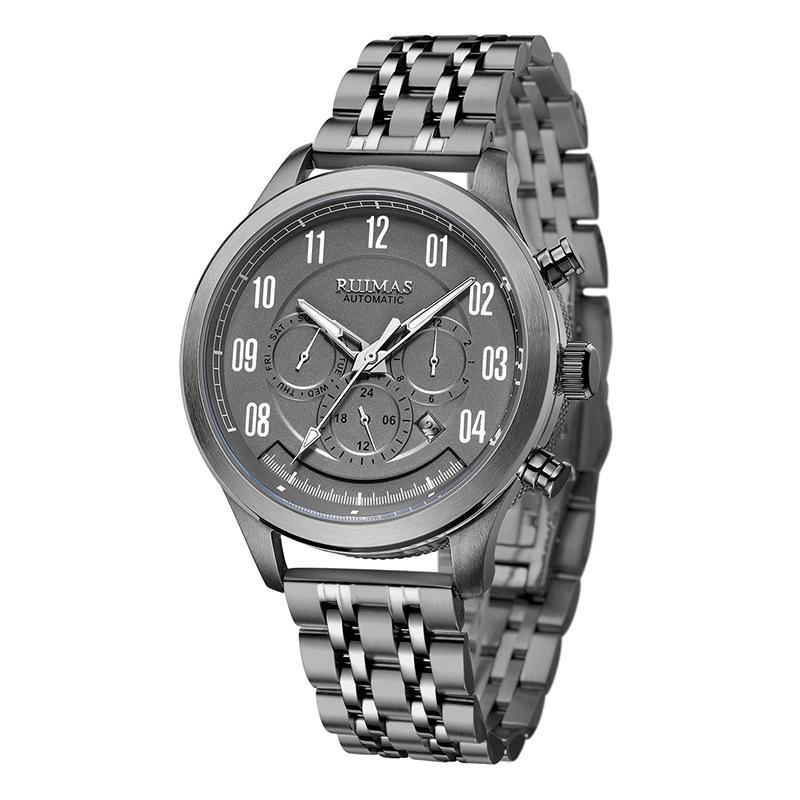 Men s Luxury Automatic Mechanical Watch Multi-functional Calender Stainless Steel Strap Waterproof Business Watch