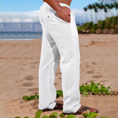 Calças de linho masculinas: calções de praia de verão lisos com cordão, cintura elástica e corte reto para uso confortável ao ar livre para lazer