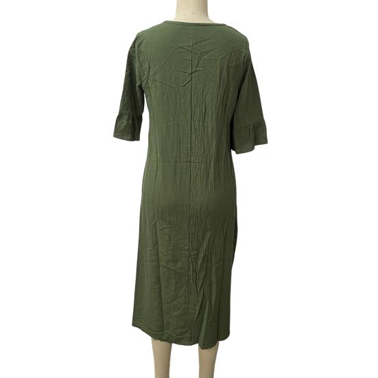 Casual Cotton Linen Midi Sundress with Ruffle Sleeves and Button Details