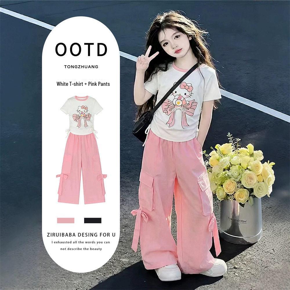Girls Cartoon Summer Set: Casual Fashion Loose Cargo Pants & Sportswear Two-Piece 130 cm розовый