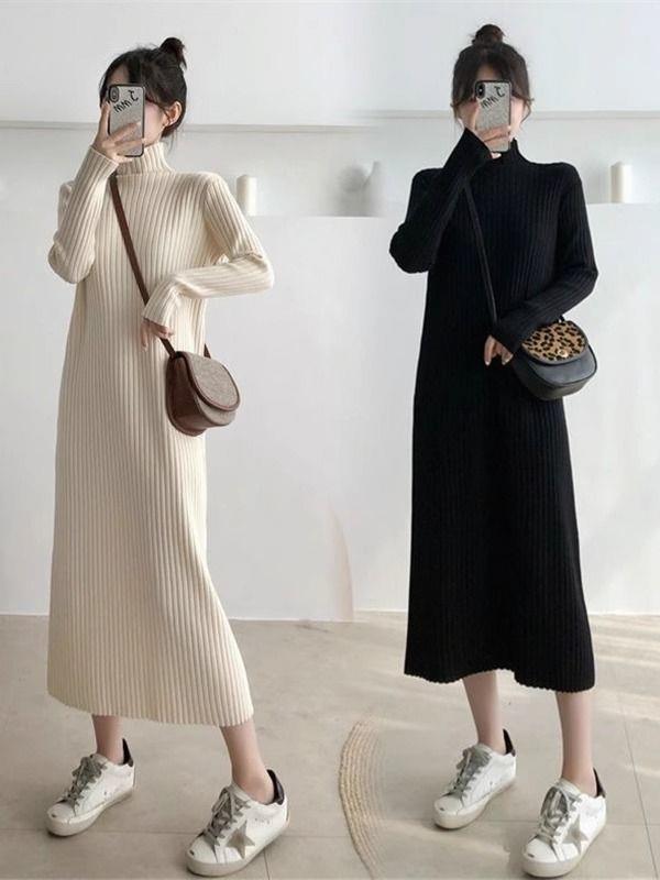 Women's Mid-Length Wool Knit Dress - Loose, Long Sleeve, Half-High Collar, Perfect for Layering Under Coats, Autumn & Winter Wear.