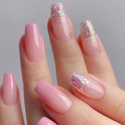 24Pcs/Set Quick Nails Pink Gradient Glitter False Nials Sticker Wearable Waterproof Manicure Finished Nails