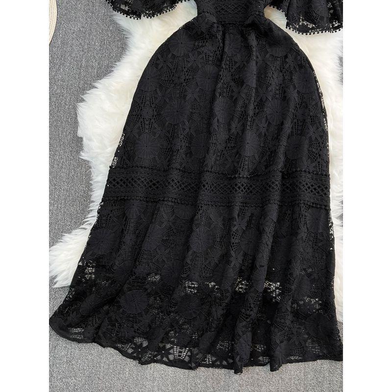 Fancy Accessible Luxury Graceful Puff Sleeve Stand-up Collar Cinched A- Line Cut Out Lace Dress Elegance Dress Long Skirt