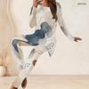 Women Plus Size Abstract Printed Two Piece Set Round Neck Long Sleeve Longline Top Fitted Pants