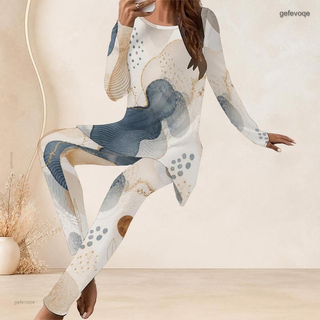 Women Plus Size Abstract Printed Two Piece Set Round Neck Long Sleeve Longline Top Fitted Pants
