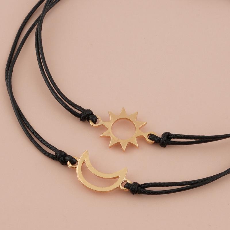 Sun & Moon Adjustable Wax Cord Bracelet - Alloy, Woven, Couple's Jewelry
