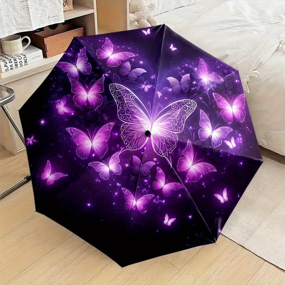 Folding Umbrella The Umbrella Features a Vibrant Pattern of Glowing Purple Butterflies on a Dark Background, with the Central Iron&8K