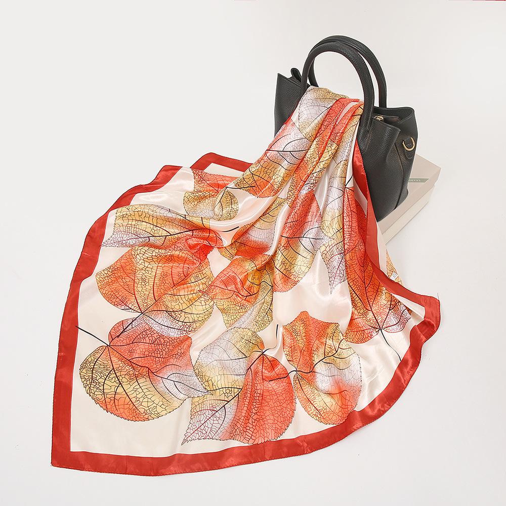 Square Silk Scarves Women Hijab Shawl Leaves Print Kerchief Femme Head Scarf Foulard Bandana Beach Pareo Imitation Silk 90*90Cm