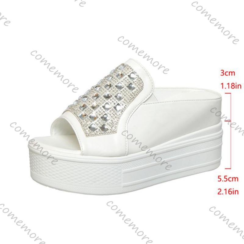 Fashion Comemore Summer Women Platform Wedges Slippers White Peep Toe Outside Wear Rhinestone Slides Women's Shoes High Heeled Sandals