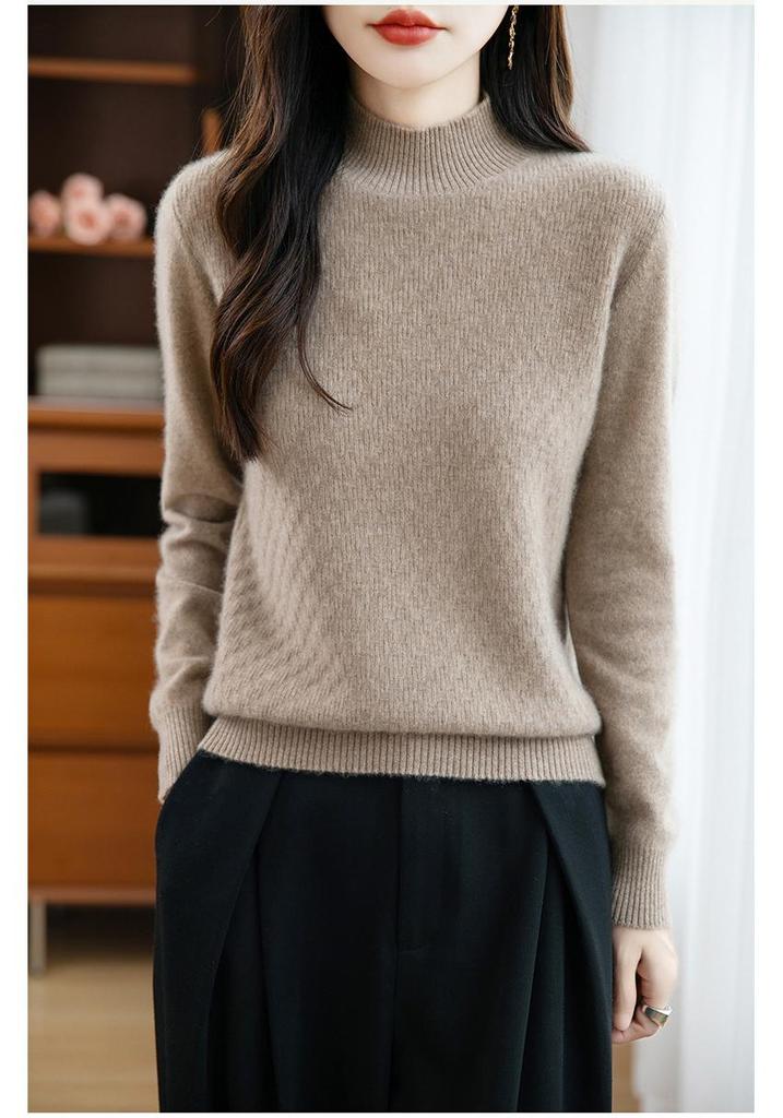 Women's Korean Style Wool Knit Sweater - Half-High Neck, Long Sleeve, Loose Fit