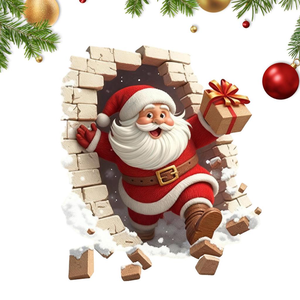 Santa Claus Wall Breaking Effect Stickers Self-adhesive Christmas Breaking Brick Wall Stickers Bathroom Toilet Stickers Decor