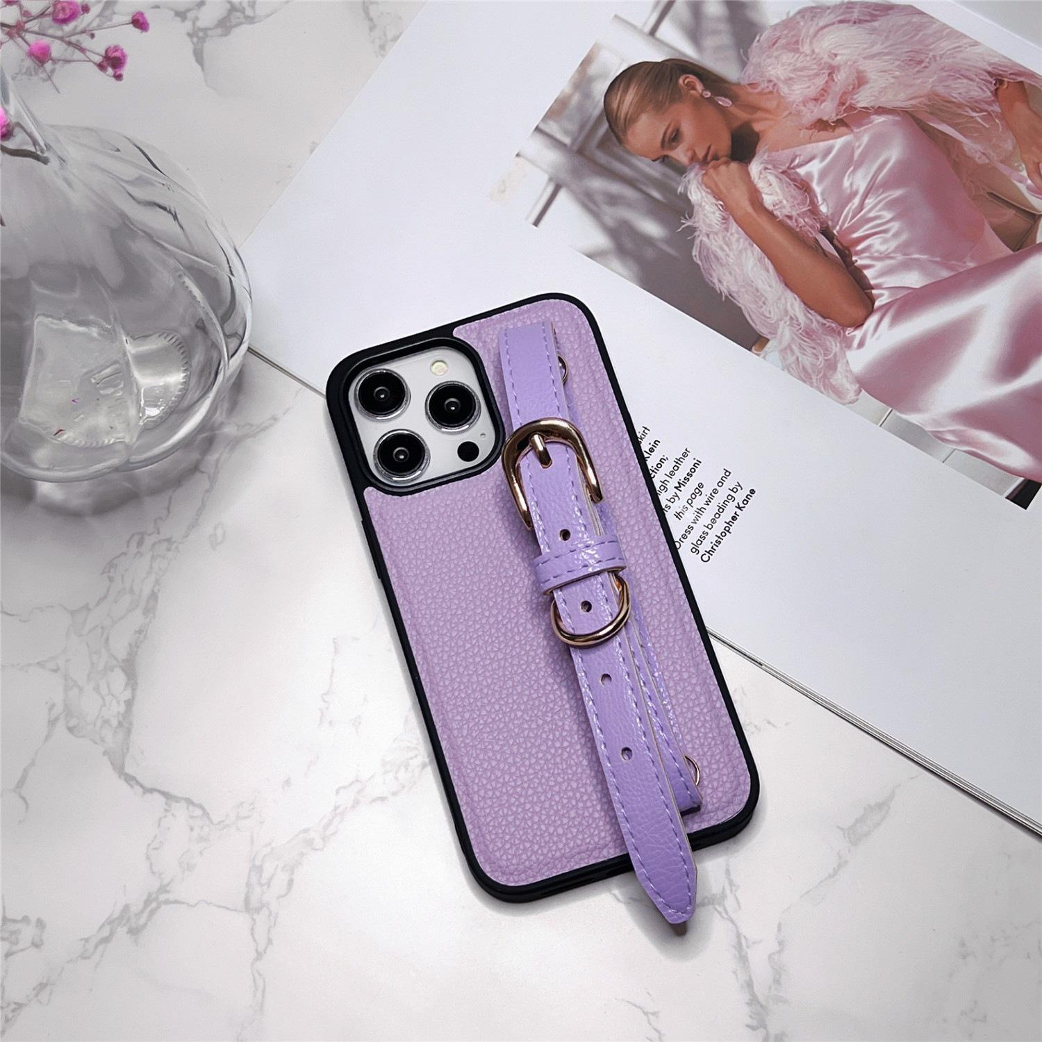 

Apple 15 Pro Max, 14 Lychee Pattern Solid Color Case with 12 Wrist Strap Bracket, 13 Trendy European & American Style iPhone 15 Pro