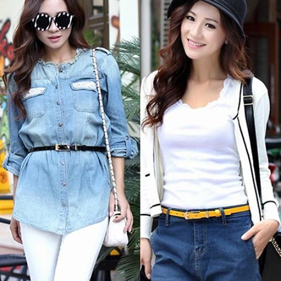 Women Thin Faux Leather Belt Cummerbund Candy Tone Buckle Casual Waistband Strap