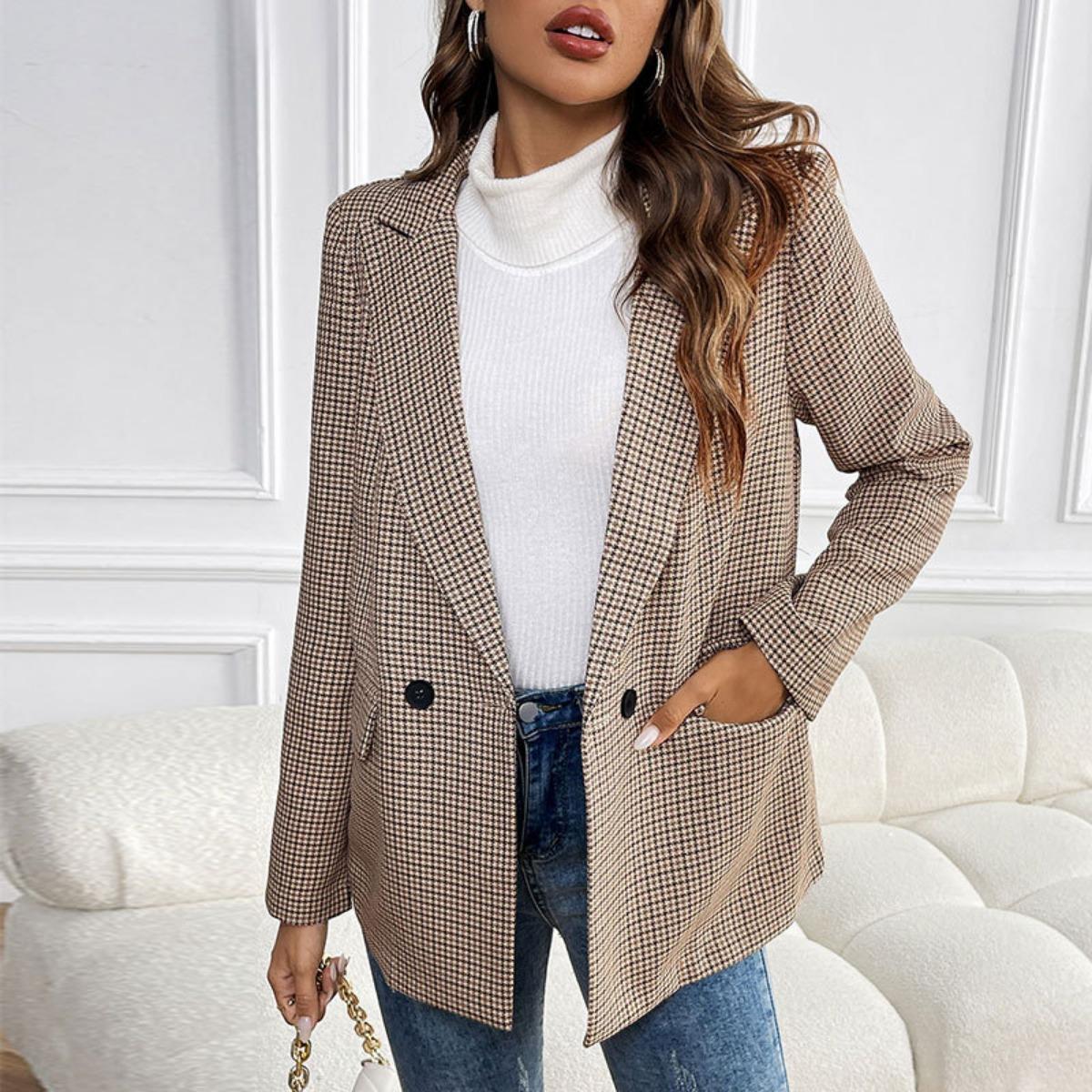 2026 New Spring Autumn Vintage Houndstooth Blazer Women s Office Casual Commute Outerwear S хаки