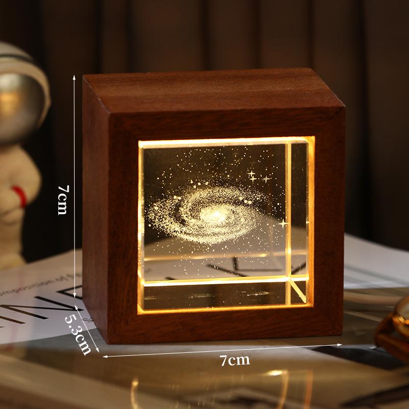 3D Galaxy Crystal Cube Night Light with Wooden Base - Illuminated Desktop Ornament, Perfect Birthday Gift