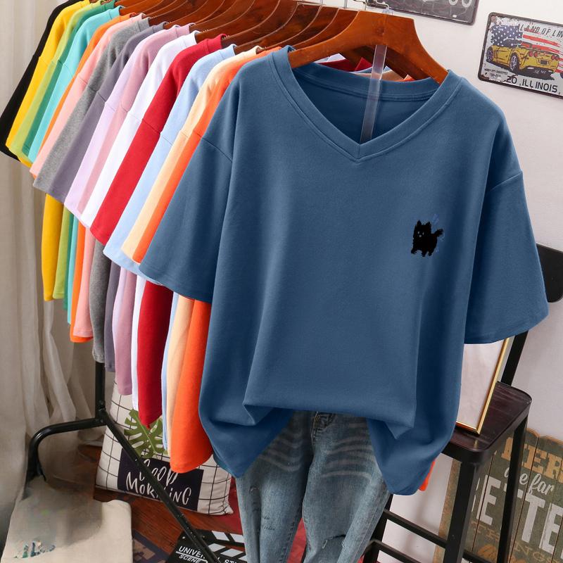 Kortarmet T-skjorte for kvinner, Stor størrelse, Løs og slankende, Trykket V-hals topp