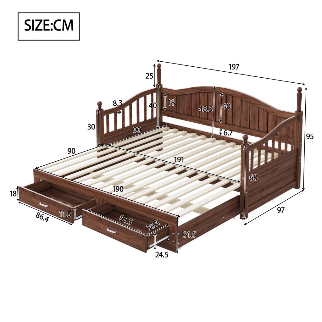 Extendable Sofa Bed 90/180*190 cm, with Roman Columns, Curved Backrest and Armrests, Drawers and Slatted Frame, Multifunctional Bed Pine Wood, Walnut
