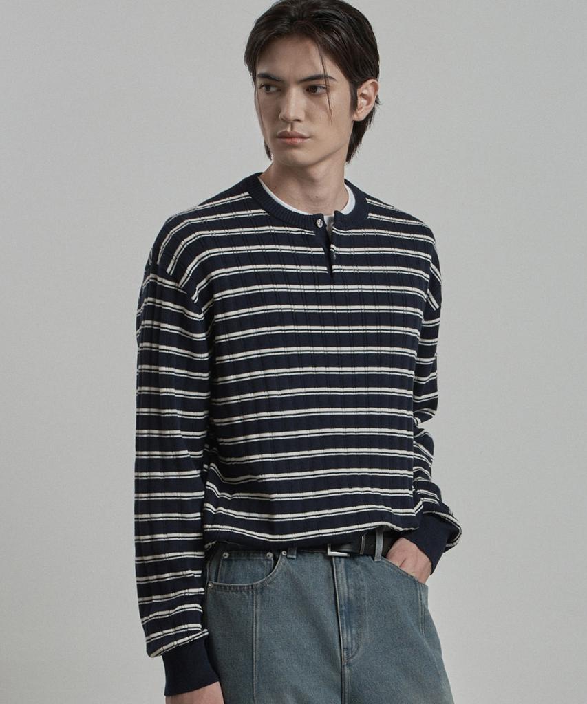 WORK ON BODY OFF Pano Semi-Overfit Striped Henley Neck Knit [Navy]