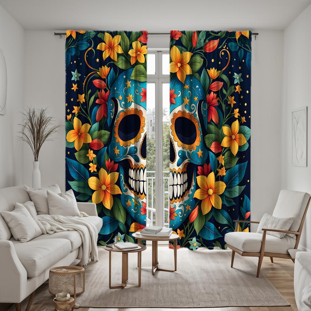 2pcs Set HD Mexican Day of the Dead Flowers Floral Curtain Blue Tie Digital Printed Curtain Home Decor Style Decorate Living