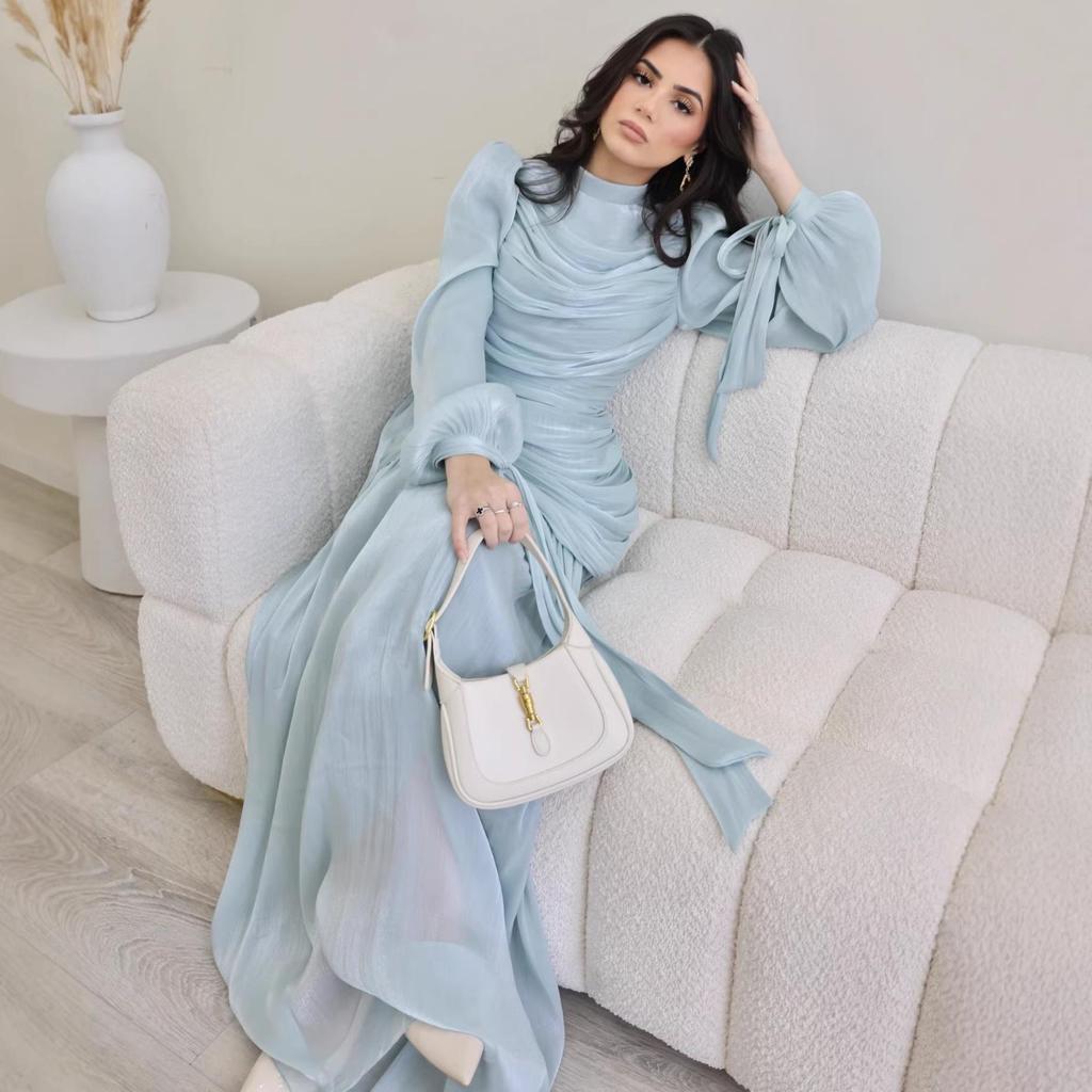 Elegant Women's Pleated Satin Dress with Round Neck and Long Sleeves