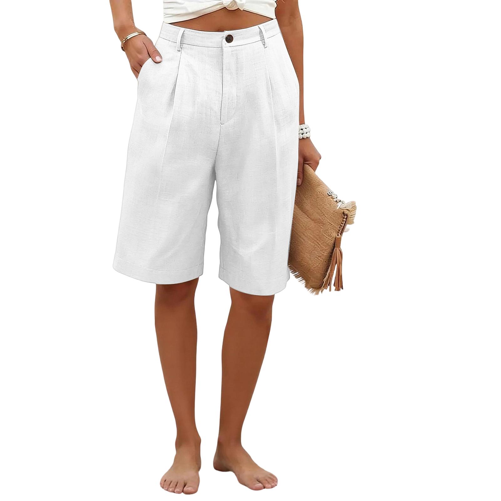 

Women s Color Casual Fashionable Breathable Loose Cotton Linen Five Quarter Pants XL білий