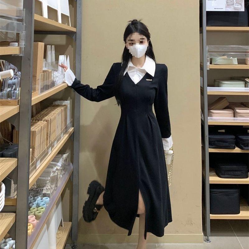 Women's Japanese Style Long Sleeve Polo Dress with Waist-Cinching & Slit A-Line Skirt - Contrasting Colors, Faux Two-Piece, Spring Arrival