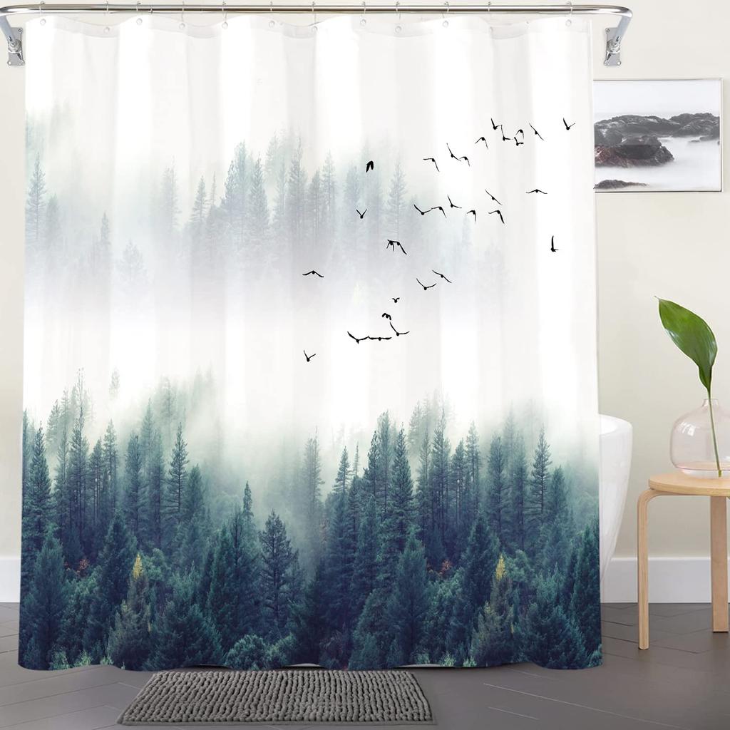 Misty Forest Woodland Shower Curtains Nature Shower Curtain Fall Shower Curtain Waterproof Polyester Fabric Home Decor with Hook