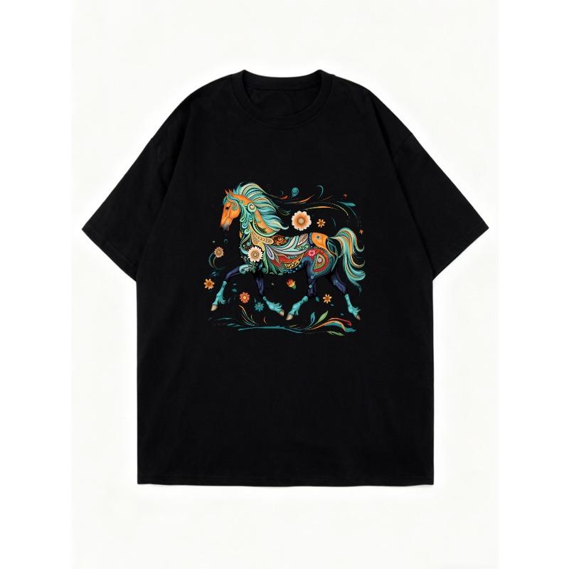 Übergroßes T-Shirt Kleid Schwarz Buntes Pferd Blumenmuster Freizeitkleidung für Damen Sommer-Outfit Streetstyle Mode Top