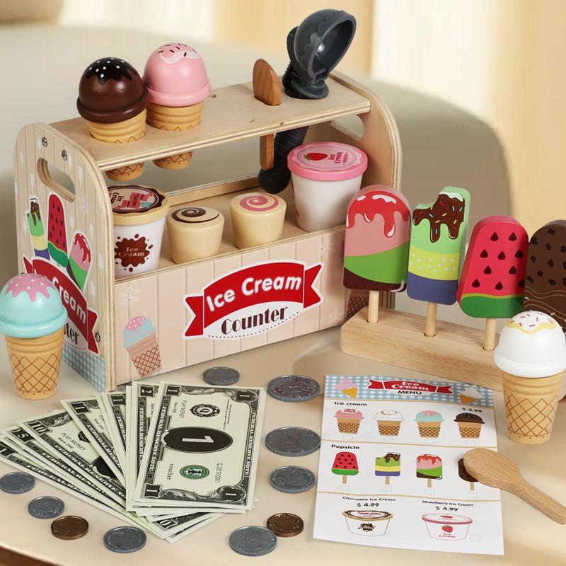 Pretend Kids Wooden Ice Cream Shop Playset With Natural Finish For Gift Birthday