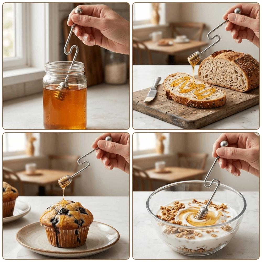 Manico curvo Cucchiaio per miele Acciaio inossidabile Drizzler liscio per miele Stampaggio integrale Lucido Mescolatore per dolci Uso quotidiano