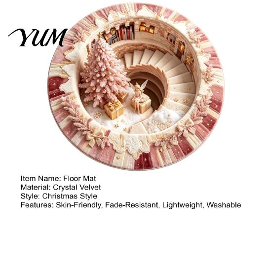 Santa Claus Floor Mat 3D Optical Illusion Round Christmas Rug, Cute Crystal Velvet Mat, Holiday Area Carpet Vivid Printed Circular for Entryway