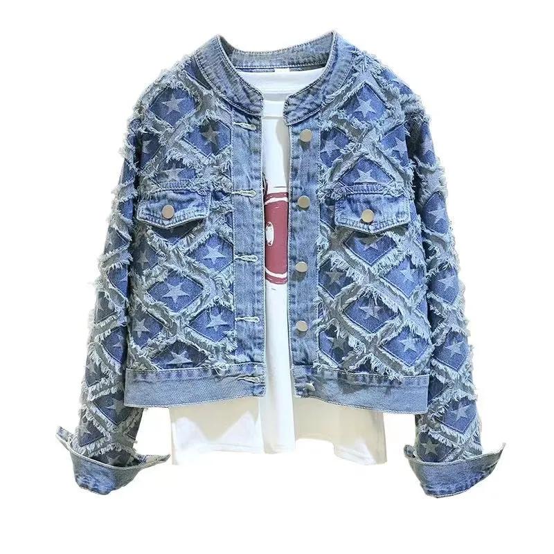 Damen Frühling und Herbst Designgefühl Französische Fünf-Punkt Jeansjacke