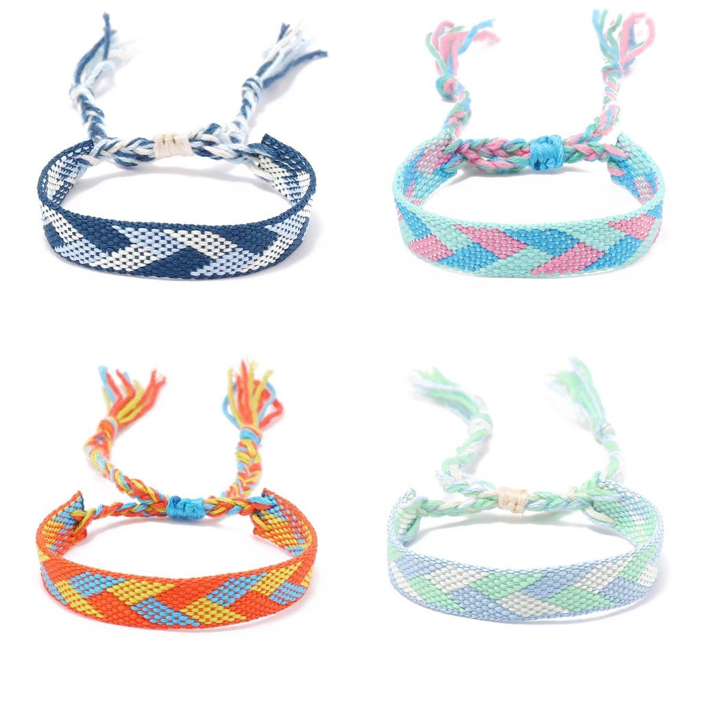 Bohemian Style Women's Bracelet With Colorful Nepalese Tassel And Geometric Diamond Pattern