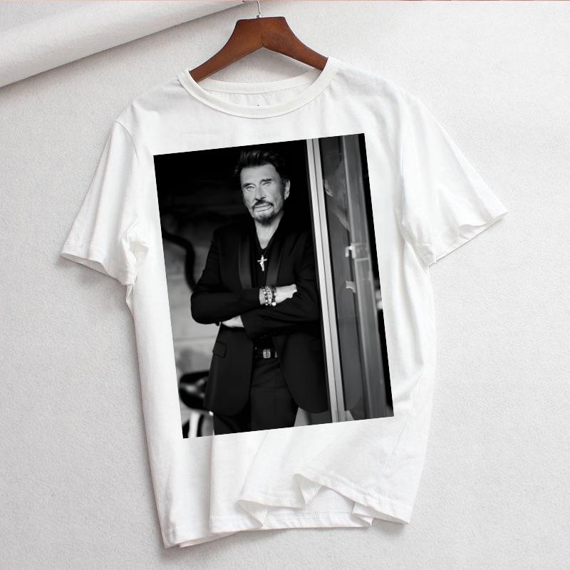 Johnny Hallyday Print T Shirt Women White and Black Shirts Fashion Round Neck Short Sleeve Cotton TShirt