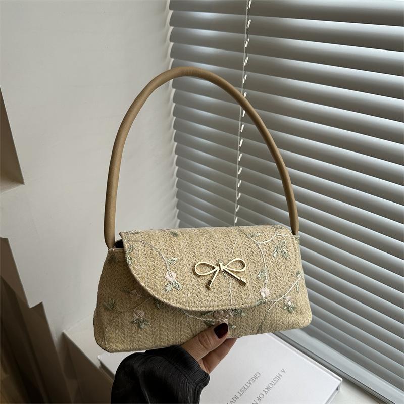 Fashion Versatile Straw Woven Bag Women'S Autumn High-Value Bow Thorn Shoulder Embroidered Armpit Bag