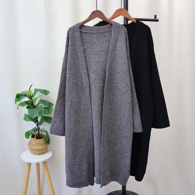 Long over-knee knitted cardigan autumn and winter new loose lazy style solid color temperament sweater jacket women