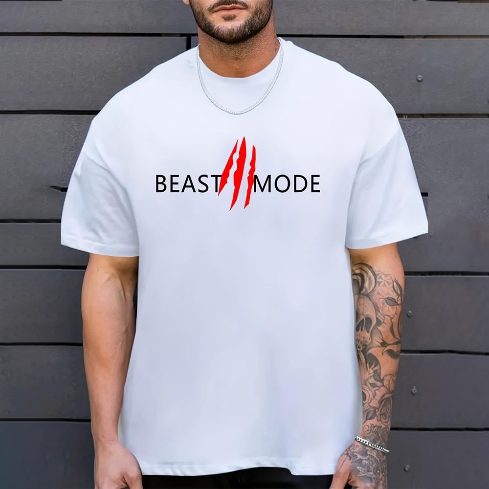2025 New Hipster Men's Clothing Fashion Beast Mode Letter Print Short Sleeve Top Plus Size Loose T Shirts Menswear Sportswear
