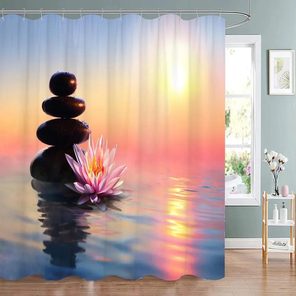 Tenda Doccia Zen Paesaggio di Loto Tenda Doccia Meditazione Pietre Zen Bambù Verde Fiore Pianta Tende Doccia Arredo Bagno