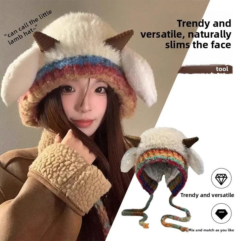 Cute Thick Plush Lamb Horn Knitted Hat Women Bonnets Winter Warm Ear Protection Beanies Hat Outdoor Casual Pullover Hats