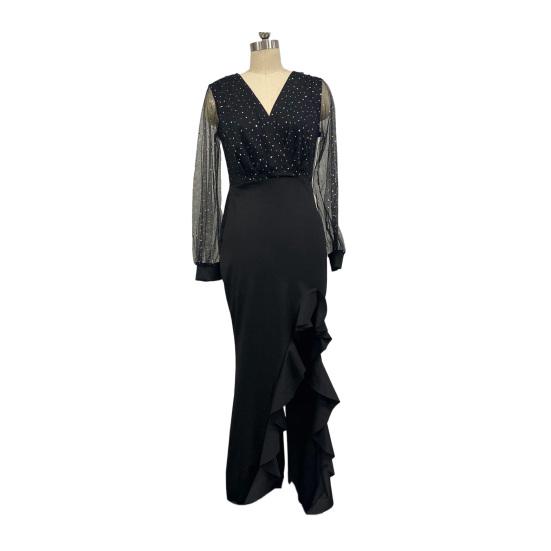 Sexy Bodycon Maxi Dress for Women V Neck Long Sleeve Mesh Sequin Dress Ruffle Side Split Wedding Guest Cocktail Party Dress