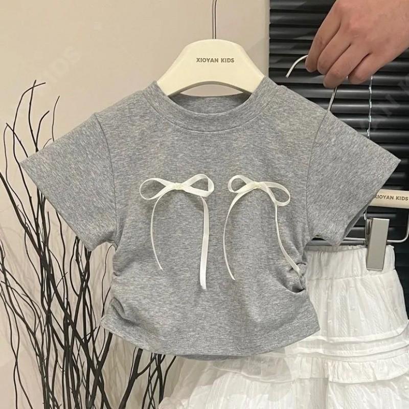 Trendy Gray Butterfly Bow Top And Elegant Cake Skirt Outfit For Little Princesses Gray Bow Shirt,52