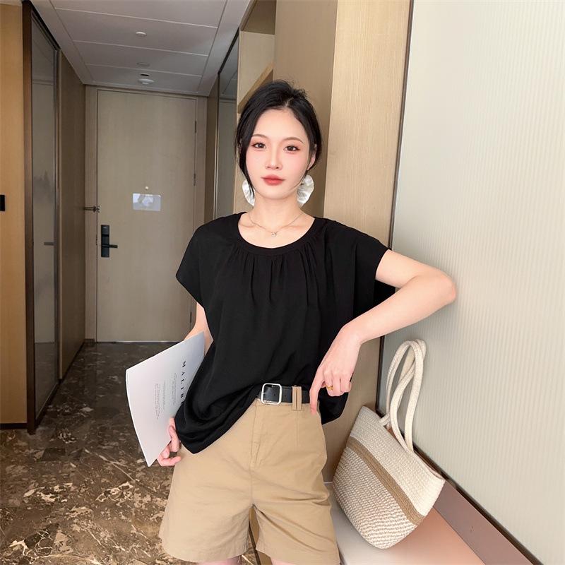 

Жіноча літня приталена бавовняно-шовкова блузка з коротким рукавом вільного крою 2025 Large чорний