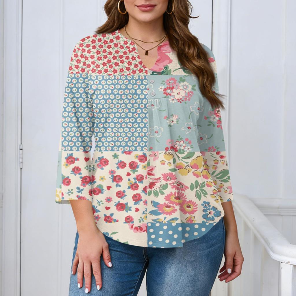 Plus Size Womens Casual Loose Fit V Neck Printed Blouse with Buttons Three Quarter Sleeve Relaxed Fit Top for Daily Wear