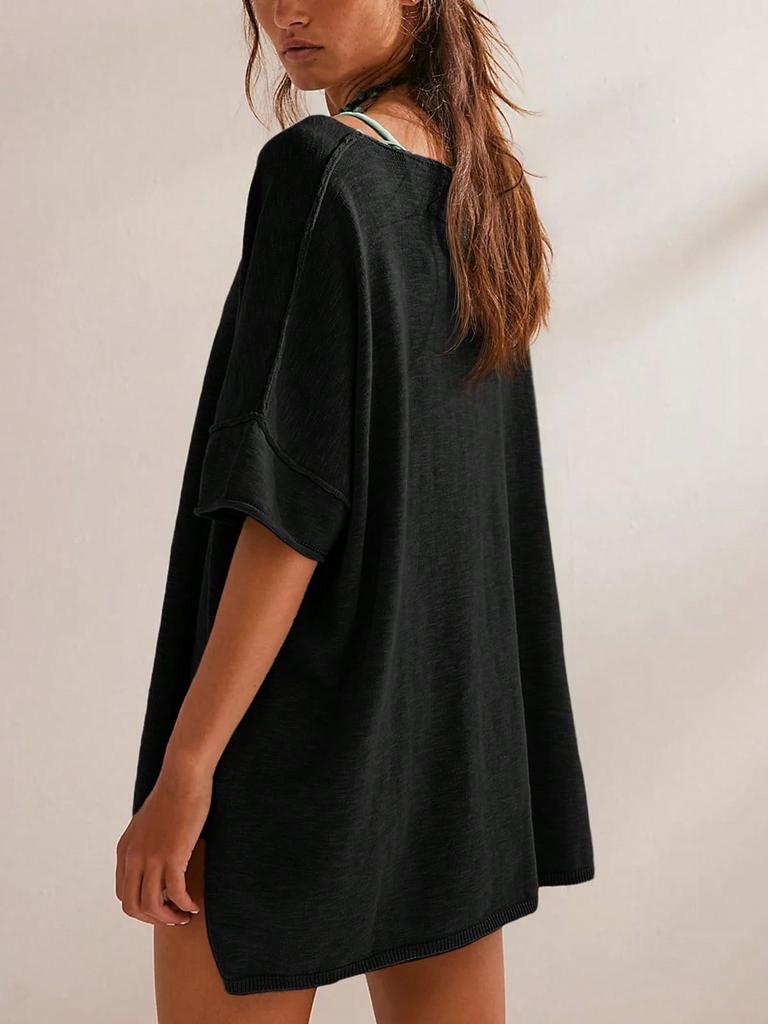 Women's Oversized T-Shirt Crew Neck Short Sleeve Side Slit Loose Summer Blouse Top