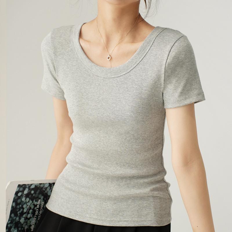 Casual Summer T Shirt For Women With High Elastic Ribbed Fabric And U Neck Design